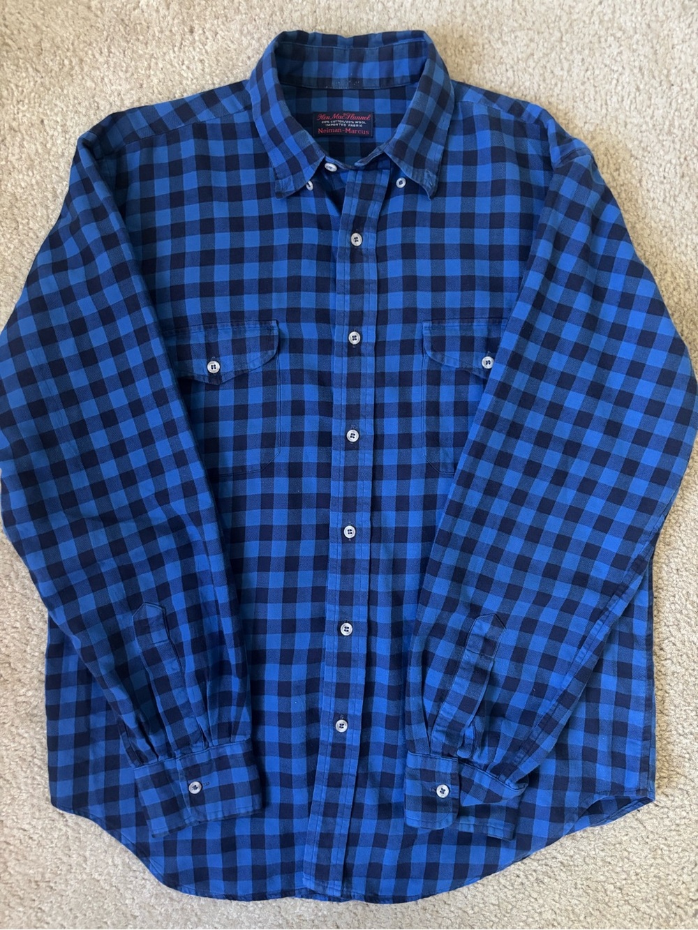 Neiman Marcus ”Hen Mac” Blue and Black Plaid Button-Down Shirt